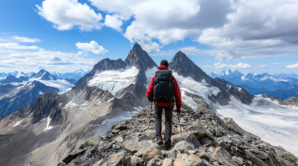 Obraz premium Back view of a hiker trekking up a rocky mountain path, expansive landscape with rugged peaks under a partly cloudy sky, sense of adventure and determination.