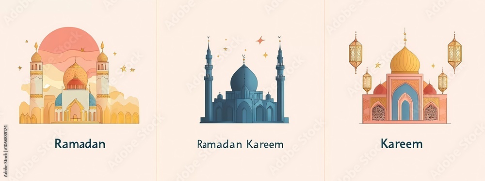 Fototapete set of ramadan kareem vector illustration with mosque and lanterns in a flat style, pastel color pal