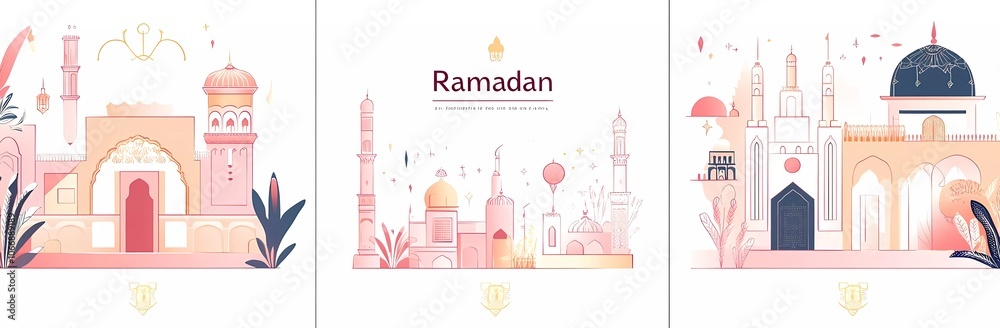 Fototapete set of simple line art vector designs with ramadan elements, minimalistic and flat style, pastel col