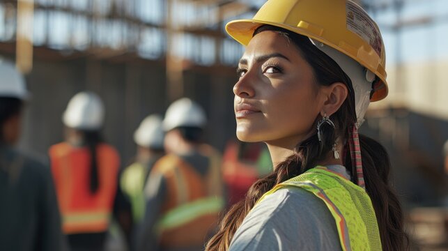 Curvy Native American woman directs workers on a construction site, wearing a hard hat and giving safety instructions before the project begins