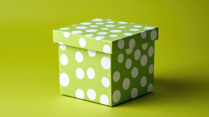 Fototapeta premium A green box with white polka dots placed on a contrasting background, creating a playful and eye-catching visual that highlights the fun design of the box.