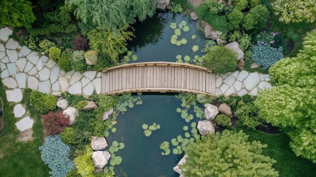 A top-down view of a garden bridge spanning a small pond, with a clear view of its design. The focus is on the garden bridge's functionality and aesthetics.