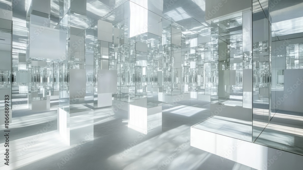 Poster a reflective labyrinth of mirrors arranged in a grid pattern, with white surfaces casting intricate 