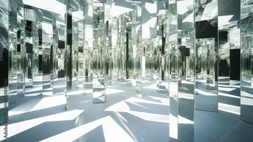 Poster a reflective labyrinth of mirrors arranged in a grid pattern, with white surfaces casting intricate 