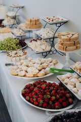 An exquisite wedding dessert area with a variety of sweets: pastries, fruits and cakes.