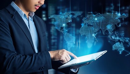 Man working with tablet, holographic interface showing cloud computing icons, world map and data visualization.