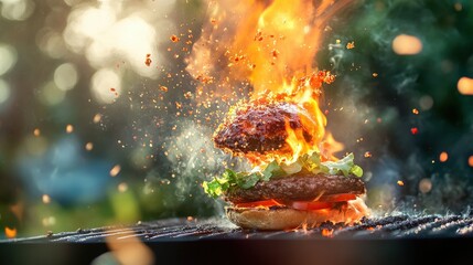 A cook flips a delicious burger on the grill, surrounded by flames and smoke, capturing the essence of a lively outdoor barbecue on a sunny day