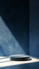 3D rendering of a minimalist podium scene with a dark blue background, dark tones, geometric shapes, light and shadow, high-end product display area, modern aesthetic style, generative ai