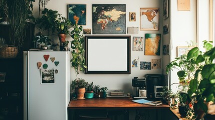 A refrigerator showcasing magnets from various countries, with a perfectly blank picture frame at its heart, creating a contrast of travel and simplicity.