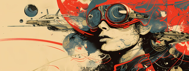 A futuristic female character with goggles, surrounded by spaceships and cosmic elements, exuding a vibrant and adventurous spirit.