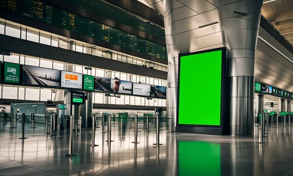 Empty billboard with a green screen for advertising on a airport