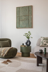 Modern living space featuring earthy tones, cozy armchair, and abstract wall art. Ideal setting for...