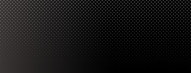 A black background with a gradient of small white dots, creating halftone textured, modern background. Black and white background with a sleek look. Minimal halftone texture gradient background vector