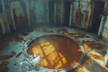 Rundown Industrial Room with Water Pool