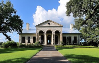 Obraz premium A beautiful two-story luxury home in the countryside of Texas, with large windows and arched doorways, made from light gray stone material, a light gray metal roof, a blue sky with white clouds