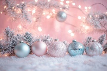 Pastel pink background decorated with handmade ornaments and delicate fairy lights, exuding a cozy and inviting holiday ambiance