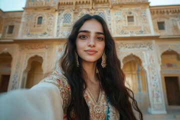 Portrait of radiant young Middle-Eastern woman with long hair taking a selfie, wearing elegant traditional attire, standing in front of a beautifully ornate building backdrop