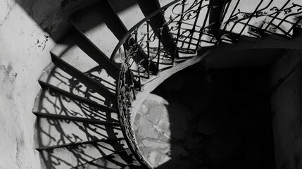Aerial view of a spiral staircase with intricate wrought-iron handrails, black and white, high contrast, shadows falling on concrete steps, architectural detail