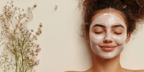 Beautiful woman on the right side of the frame with smiling eyes closed while receiving a face mask at a beautiful med spa at cream background