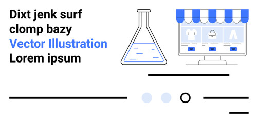 Laboratory flask with blue liquid, online shopping screen with clothes, and text elements in different fonts. Ideal for e-commerce, science, innovation, retail, laboratory, marketing, and graphic