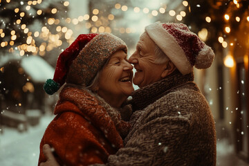 Portrait of elderly people in a New Year atmosphere. Grandpa and grandma in Christmas sweaters.