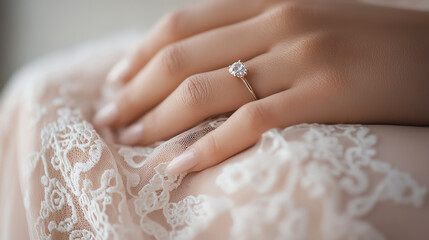 Detailed view of a diamond ring on a hand, gentle touch of lace, soft-focus background for a dreamy, sentimental feel, engagement moment captured.