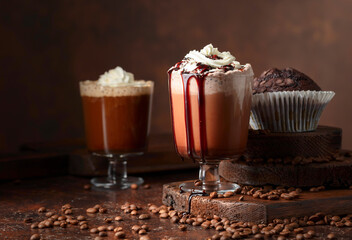 Chocolate muffin and coffee cocktails.