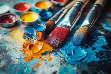 Obraz premium Artistic workspace filled with vibrant colors, paint splatters on canvas. Generative A