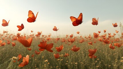 Obraz premium A vibrant scene of orange butterflies fluttering over a field of wildflowers.