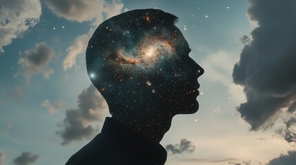 This artwork features a man's profile with an intricate cosmos filling his head, blending cosmic elements with dreamy clouds in the sky, evoking a sense of wonder