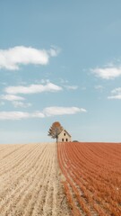 Obraz premium Autumn Farm Fields with Tree and Barn Under Clear Blue Sky