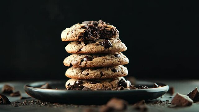 Stack of chocolate chip cookies on a plate, with a bitten top cookie showing gooey chocolate chunks, creating a warm and delicious dessert scene