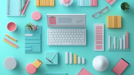 A vibrant workspace layout featuring a laptop, charts, stationery, and decorative items in pastel colors against a turquoise background.