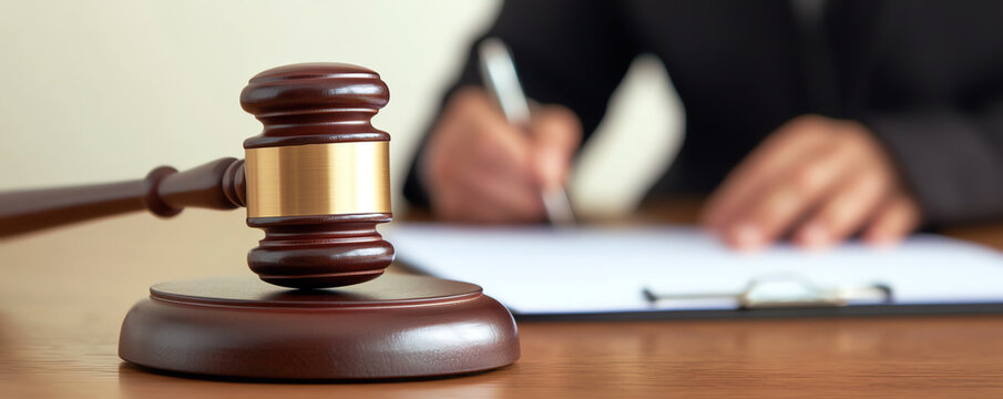 Close-up of a wooden gavel on a polished desk, blurred lawyer writing in the background, warm ambient light creating a serious courtroom atmosphere.