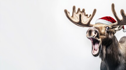 Portrait of a holiday moose on the right side of the photo on a white background, with a shocked and surprised facial expression, free mockup space, discounts and sales concept