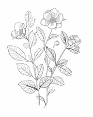 Hand-drawn illustration of blooming flower branches with leaves in a black and white outline style.