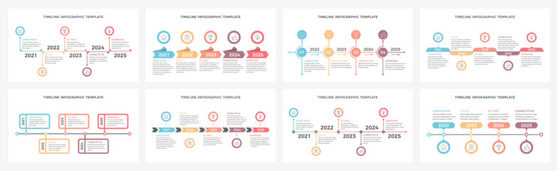 Set of eight timeline infographic templates, vector eps10 illustration