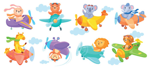 Cartoon animals in airplane. Cute baby animal pilot in propeller plane, fun little elephant koala bear flying aircraft air travel children characters set, neat vector illustration © ssstocker