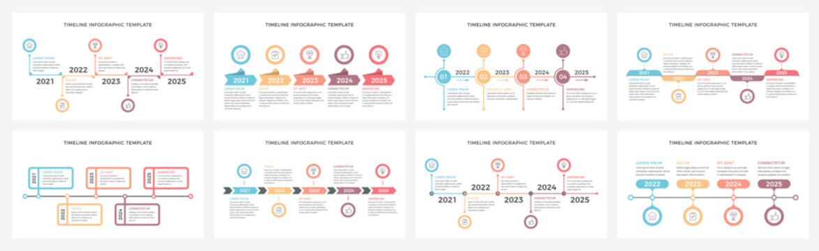Set of eight timeline infographic templates, vector eps10 illustration