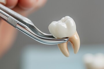 A detailed view of a tooth being extracted using dental instruments in a clinical setting