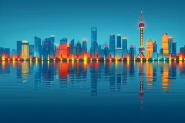 Vibrant skyline at night with colorful lights reflecting on the water