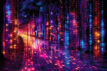 A vibrant digital landscape filled with colorful binary code and illuminated pathways in a futuristic setting at night