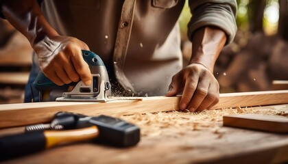 carpenter hand working on wooden with professional equipment