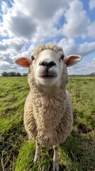 Fototapeta premium Close-up of a curious sheep in a green field under a cloudy sky.