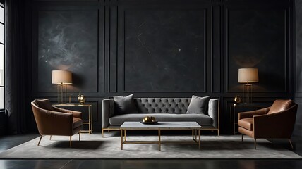 Elegant white marble coffee table against dark gray walls in a  room. A lone leather armchair with metallic legs , Ideal for a high-end architecture firm banner high resolution