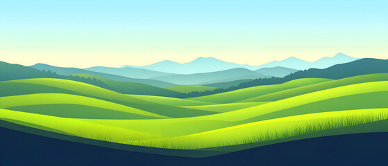 Obraz premium Rolling Green Hills and Blue Mountains Landscape.