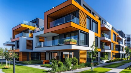 Modern apartment complex with colorful facade and balconies.