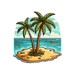 Obraz premium Palm beach cartoon vacation emblem. Isolated vector label illustration
