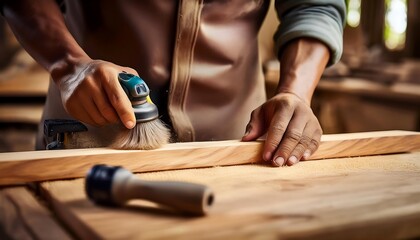 Close-up of carpenter hand polishing wood in the carpentry workshop