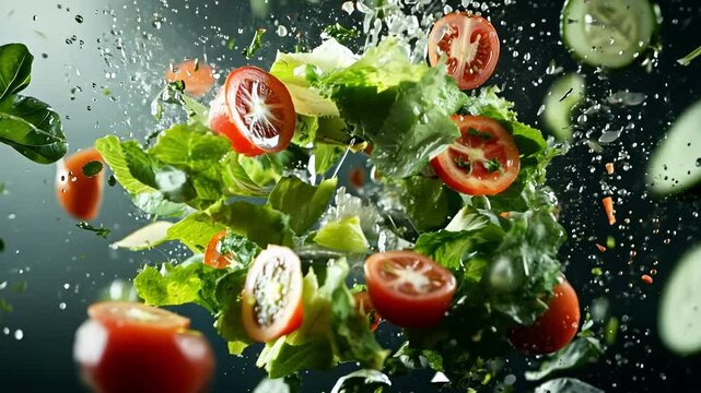 Fresh salad ingredients burst in mid-air, featuring vibrant tomatoes, lettuce, cucumbers, and herbs, creating a dynamic scene of freshness and vitality, suspended with splashes of water